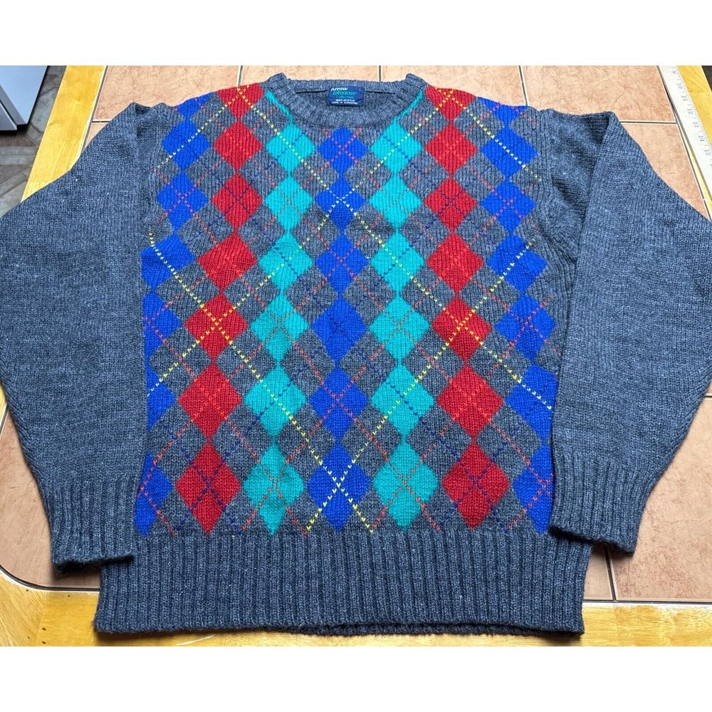 Vintage Arrow Blazer Collection Acrylic Gray‎ Argyle Pullover Sweater Sz Large